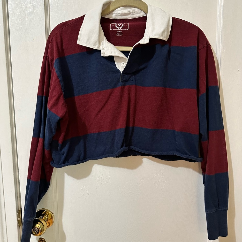 American Eagle Outfitters Maroon and Navy cropped Rugby Shirt
